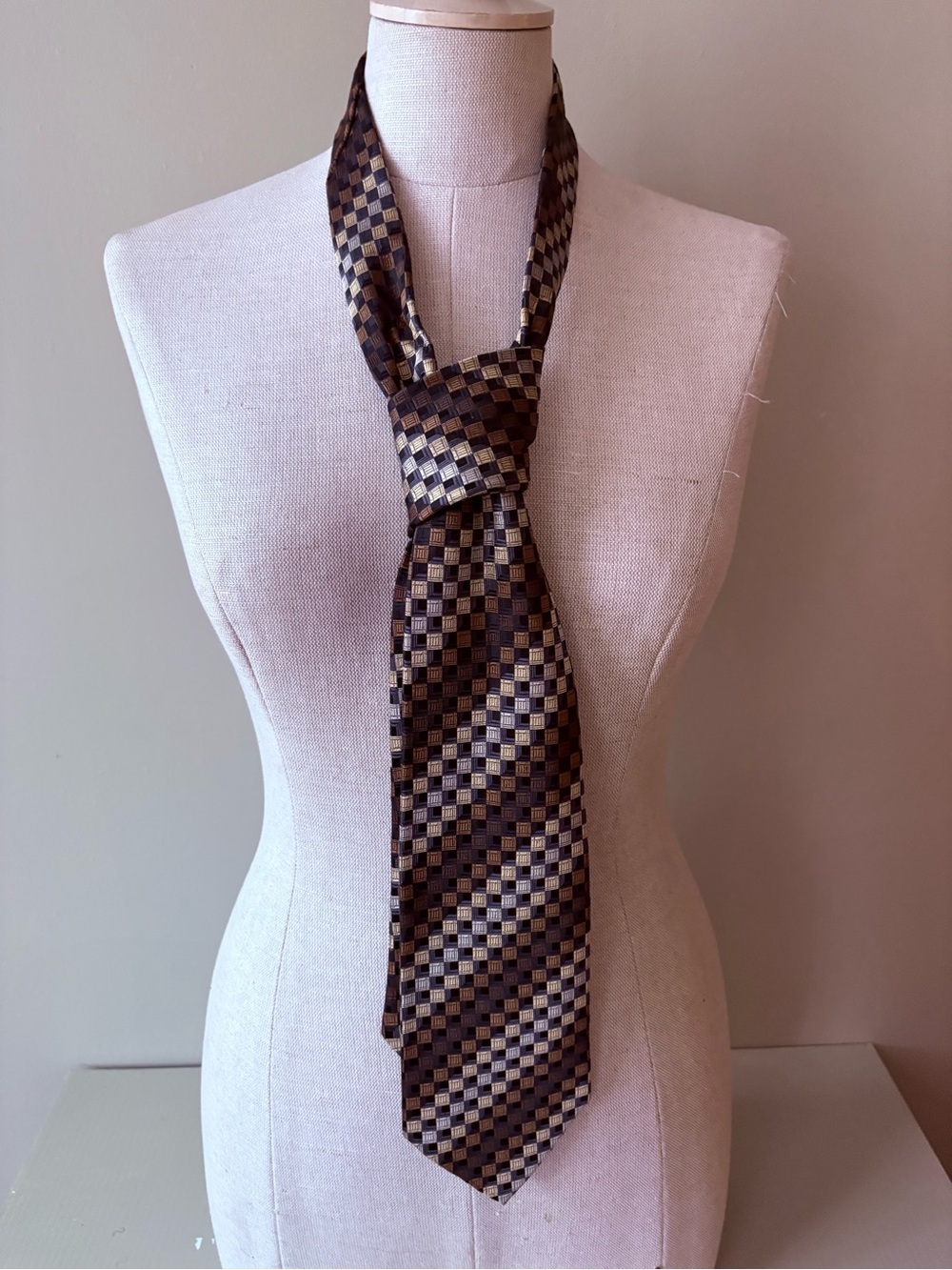 Simon Chang Brown and Gold Checkerboard Silk Tie